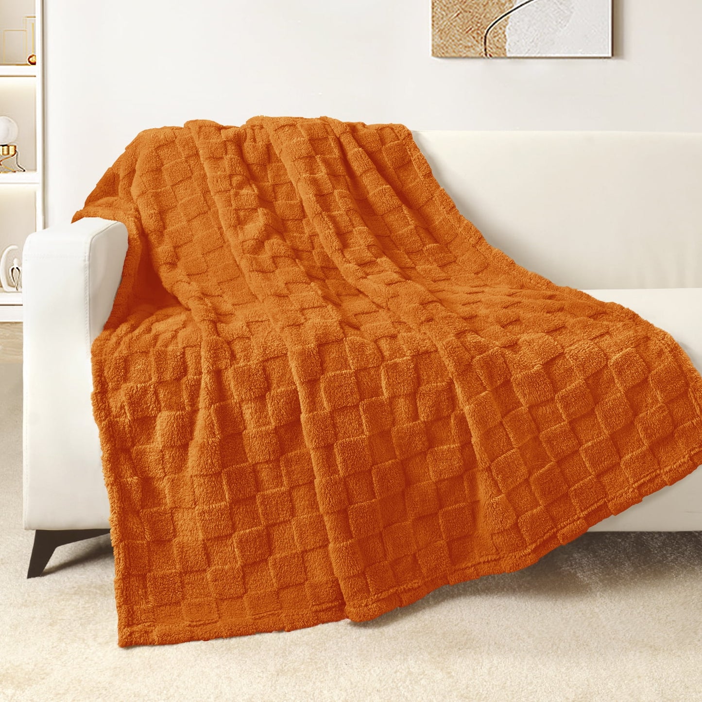 Exclusivo Mezcla Fleece Throw Blanket for Couch, Super Soft Warm Lightweight Checkered Pattern Blanket for All Seasons, Burnt Orange, 50"x60"