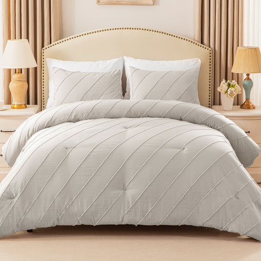 Exclusivo Mezcla 3 Pieces King Comforter Set Light Grey, Lightweight Jacquard Striped King Size Bedding Comforter Sets for All Seasons