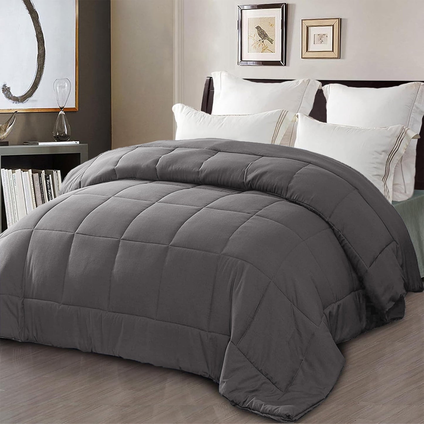 Exclusivo Mezcla King Comforter Set Dark Grey, 3-Piece Solid Comforter Duvet Insert with Corner Tabs, Lightweight Bedding Down Alternative Comforter for All Seasons