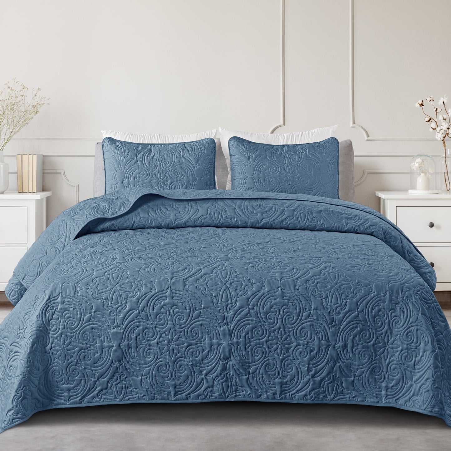 Exclusivo Mezcla King Quilt Bedding Set, Lightweight Vintage King Size Quilts with Pillow Shams, Soft Bedspreads Coverlets for All Seasons (104"x96", Bluish Grey)