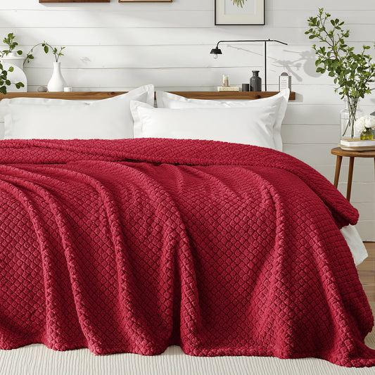 Exclusivo Mezcla King Size Flannel Fleece Blanket, Super Soft Jacquard Bed Blanket, Lightweight Fuzzy Warm for All Seasons, 90x104 Inches, Deep Red