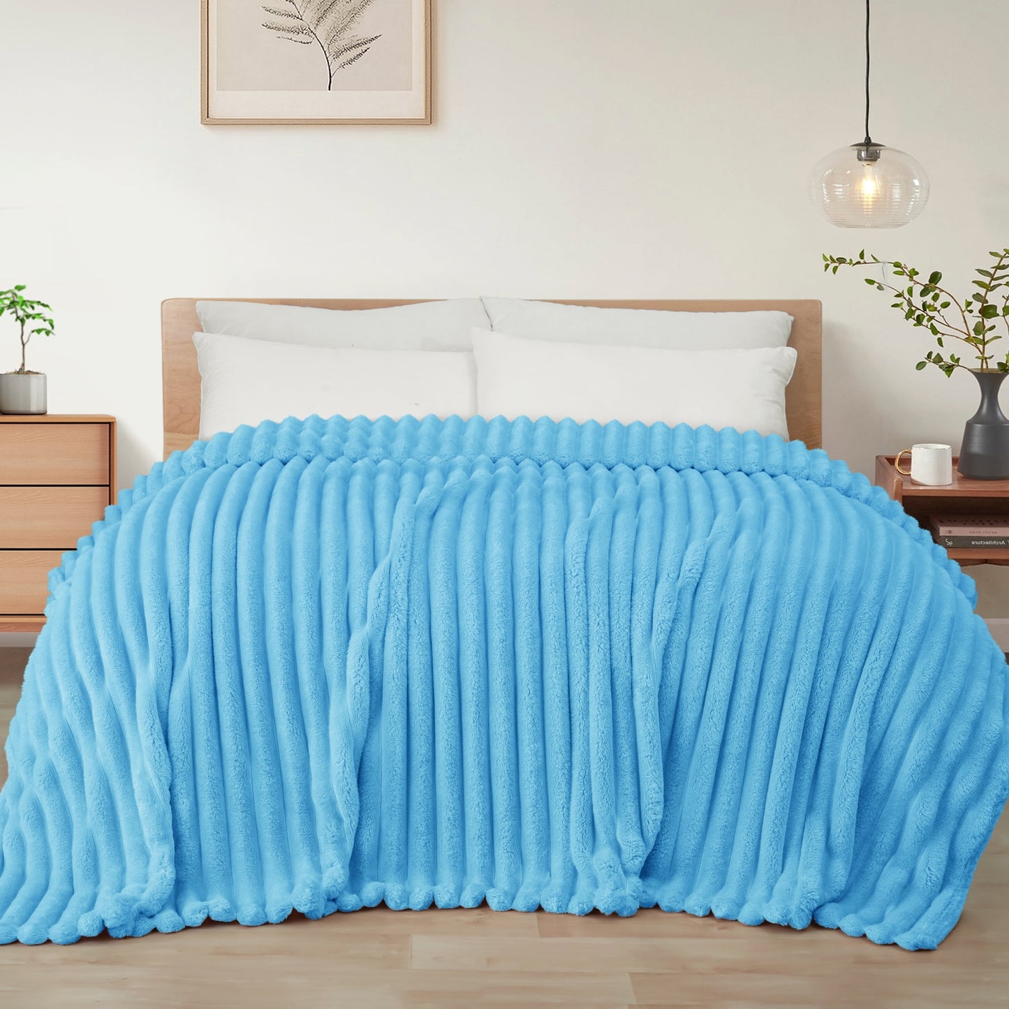 Exclusivo Mezcla King Size Flannel Fleece Blanket, Super Soft 3D Striped Jacquard Blanket for Bed, Lightweight Fuzzy Cozy Blankets, Blue, 90"x104"