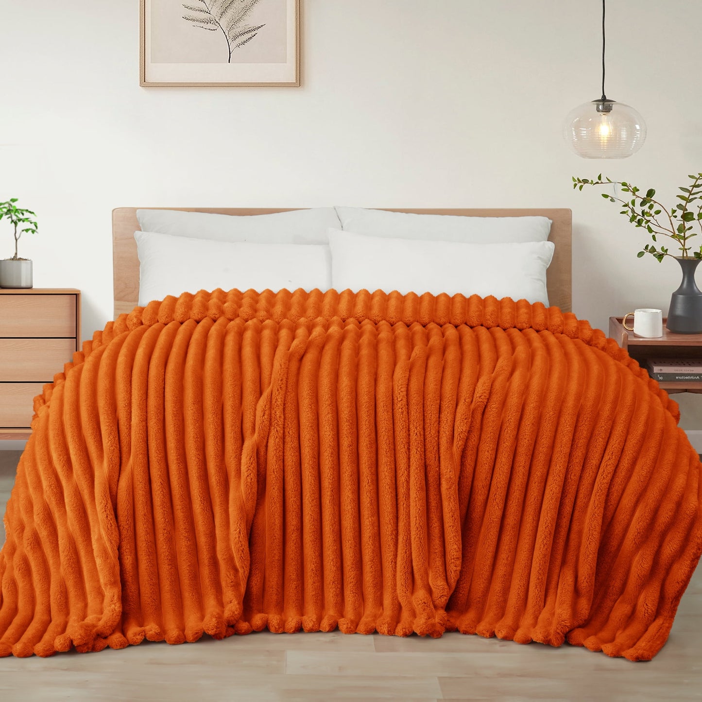 Exclusivo Mezcla King Size Flannel Fleece Blanket, Super Soft 3D Striped Jacquard Blanket for Bed, Lightweight Fuzzy Cozy Blankets, Burnt Orange, 90"x104"