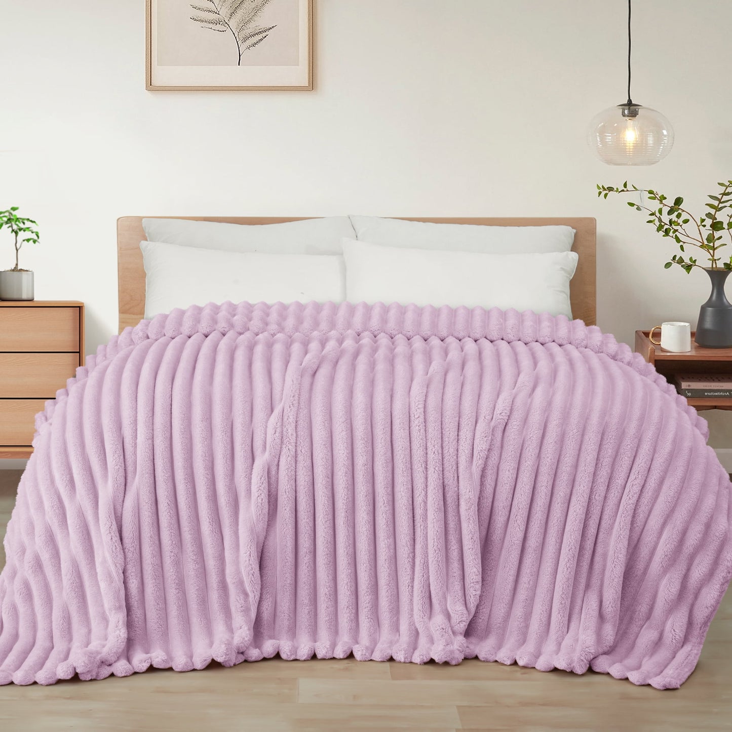 Exclusivo Mezcla King Size Flannel Fleece Blanket, Super Soft 3D Striped Jacquard Blanket for Bed, Lightweight Fuzzy Cozy Blankets, Light Purple, 90"x104"