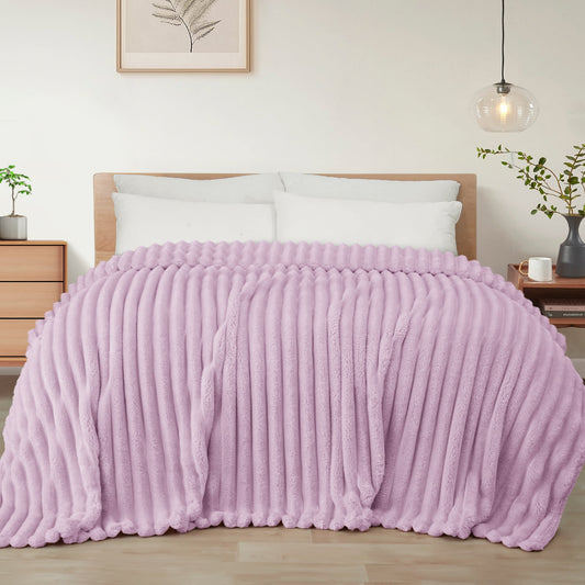 Exclusivo Mezcla King Size Flannel Fleece Blanket, Super Soft 3D Striped Jacquard Blanket for Bed, Lightweight Fuzzy Cozy Blankets, Light Purple, 90"x104"