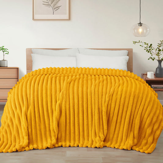 Exclusivo Mezcla King Size Flannel Fleece Blanket, Super Soft 3D Striped Jacquard Blanket for Bed, Lightweight Fuzzy Cozy Blankets, Mustard Yellow, 90"x104"