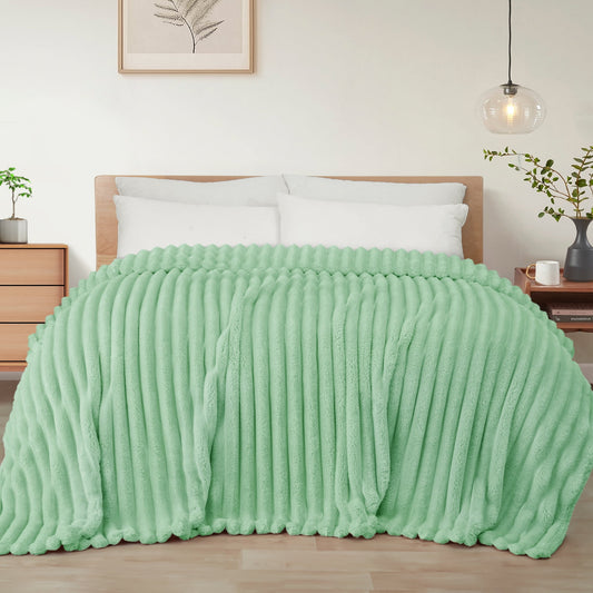 Exclusivo Mezcla King Size Flannel Fleece Blanket, Super Soft 3D Striped Jacquard Blanket for Bed, Lightweight Fuzzy Cozy Blankets, Sage Green, 90"x104"