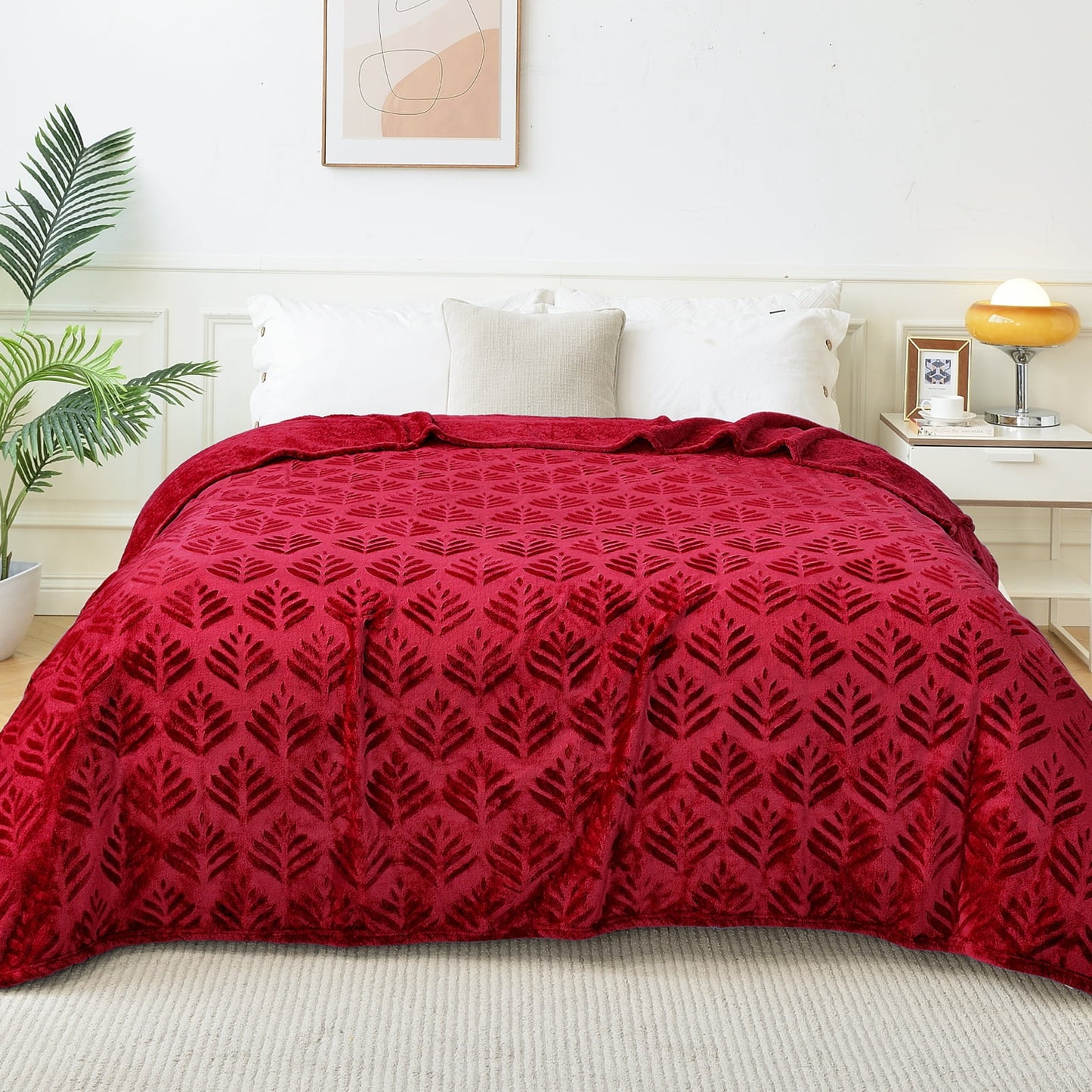 Exclusivo Mezcla King Size Fleece Blanket for Bed, Leaves Pattern Super Soft and Cozy Blankets, Plush Fuzzy Lightweight, Deep Red, 90"x104"