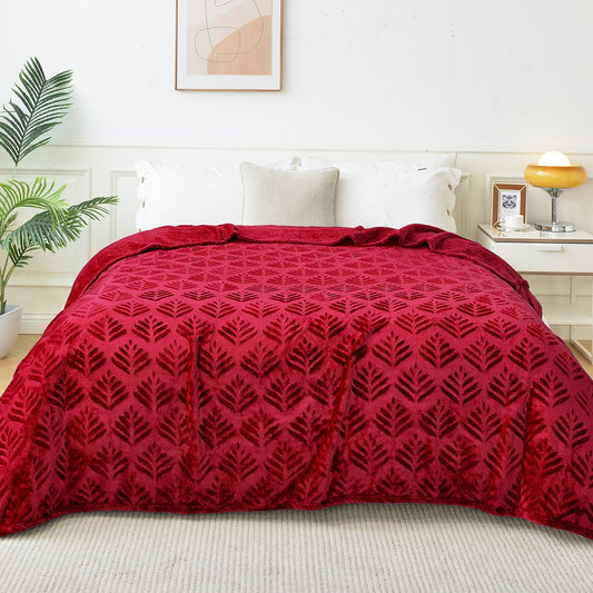 Exclusivo Mezcla King Size Fleece Blanket for Bed, Leaves Pattern Super Soft and Cozy Blankets, Plush Fuzzy Lightweight, Deep Red, 90"x104"