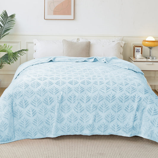Exclusivo Mezcla King Size Fleece Blanket for Bed, Leaves Pattern Super Soft and Cozy Blankets, Plush Fuzzy Lightweight, Ice Blue, 90"x104"