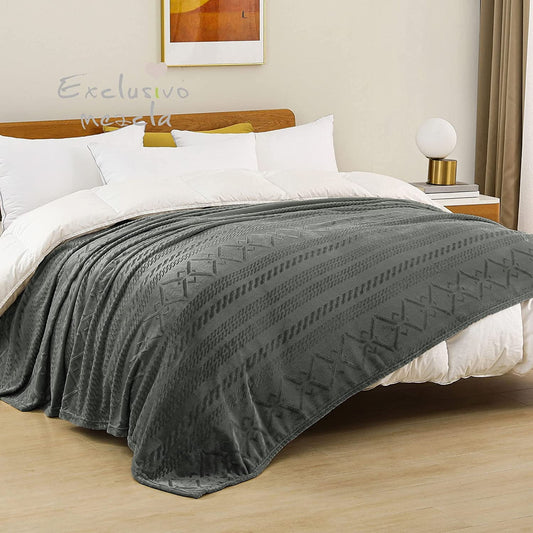 Exclusivo Mezcla King Size Soft Bed Blanket, Warm Fuzzy Luxury Bed Blankets, Decorative Geometry Pattern Plush Throw Blanket for Bed, 90"x104", Dark Grey