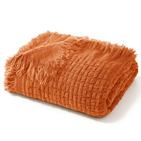 Exclusivo Mezcla Knitted Twin Size Blanket with Fringes for Bed, Soft and Warm Textured Blanket for All Season, Lightweight Breathable Living Room Bedding, Burnt Orange, 60??x80??,Exclusivo Mezcla"