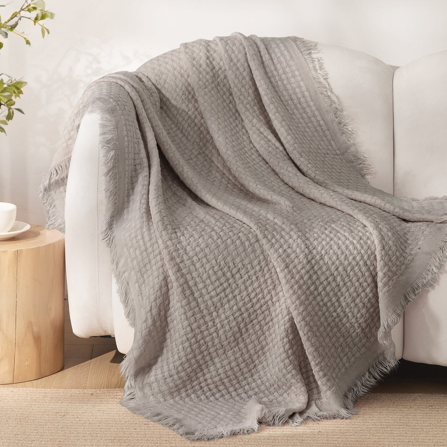 Exclusivo Mezcla Knitted Throw Blanket with Fringes for Couch, Soft and Warm Textured Throw for All Season, Lightweight Breathable Room Decor, Beige, 50??x60??,Exclusivo Mezcla"