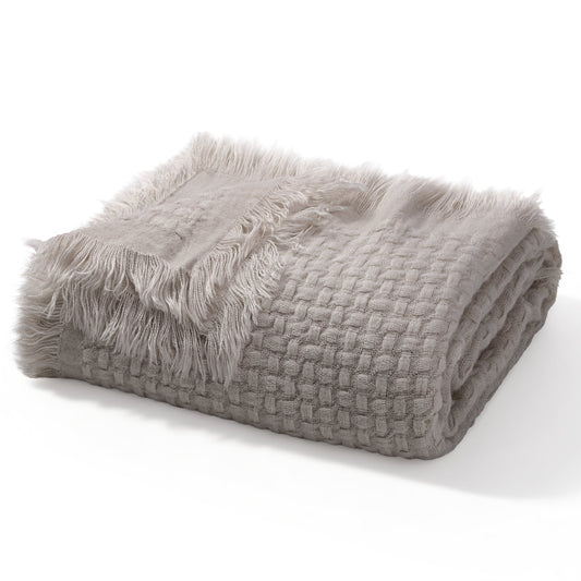 Exclusivo Mezcla Knitted Queen Size Blanket with Fringes for Bed, Soft and Warm Textured Blanket for All Season, Lightweight Breathable Living Room Bedding, Beige, 90??x90??,Exclusivo Mezcla"