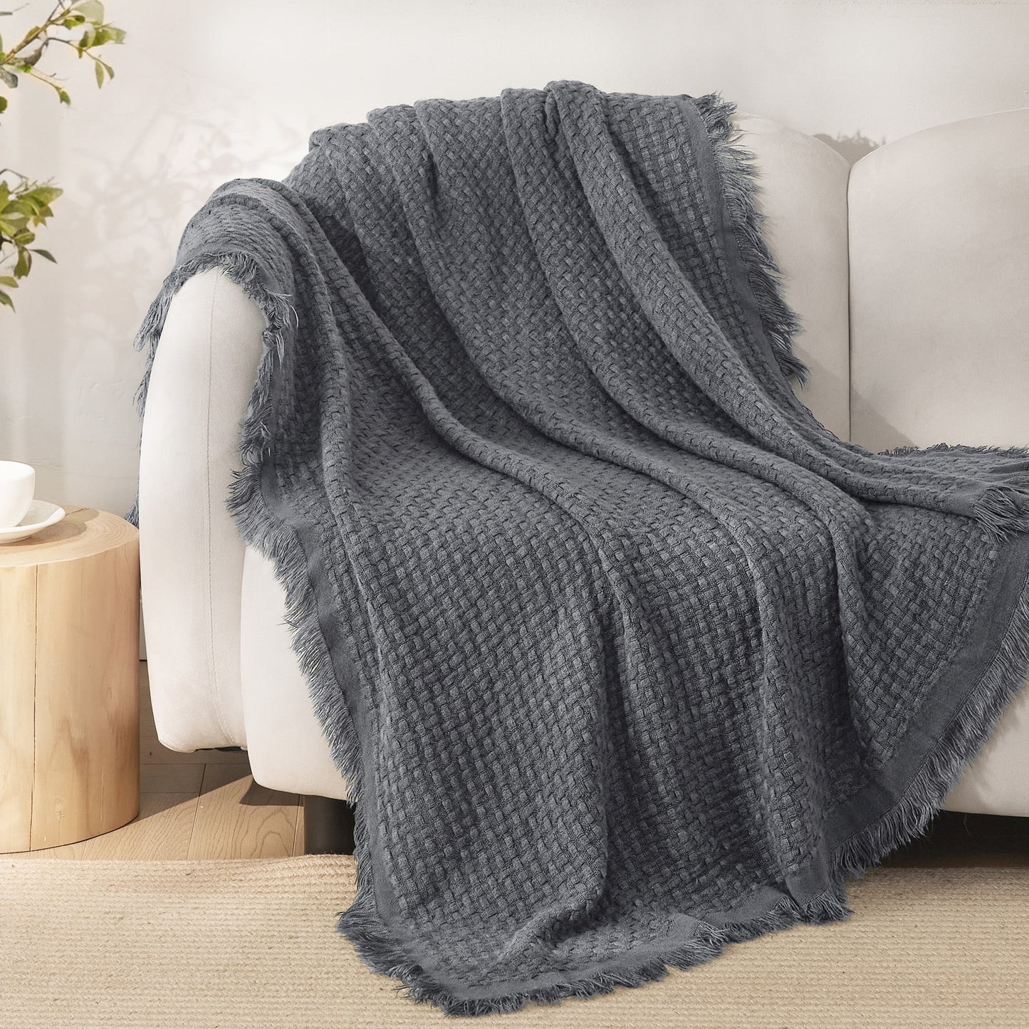 Exclusivo Mezcla Knitted Throw Blanket with Fringes for Couch, Soft and Warm Textured Throw for All Season, Lightweight Breathable Room Decor, Dark Grey, 50??x60??,Exclusivo Mezcla"