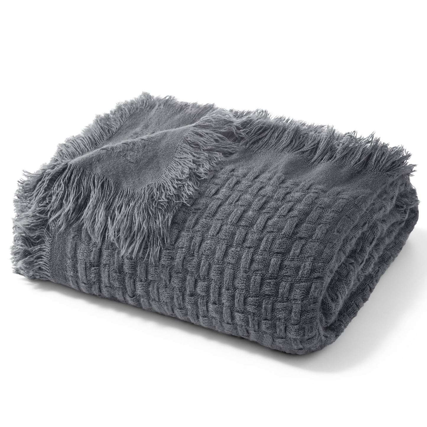 Exclusivo Mezcla Knitted Queen Size Blanket with Fringes for Bed, Soft and Warm Textured Blanket for All Season, Lightweight Breathable Living Room Bedding, Dark Grey, 90??x90??,Exclusivo Mezcla"
