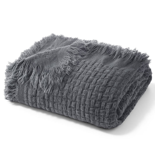 Exclusivo Mezcla Knitted Queen Size Blanket with Fringes for Bed, Soft and Warm Textured Blanket for All Season, Lightweight Breathable Living Room Bedding, Dark Grey, 90??x90??,Exclusivo Mezcla"