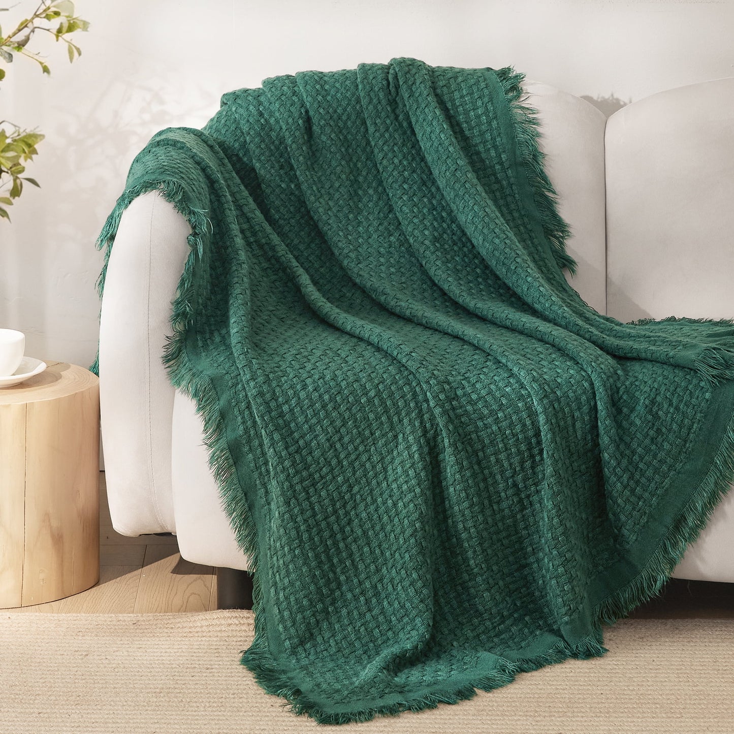 Exclusivo Mezcla Knitted Throw Blanket with Fringes for Couch, Soft and Warm Textured Throw for All Season, Lightweight Breathable Room Decor, Forest Green, 50??x60??,Exclusivo Mezcla"