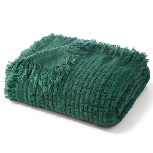 Exclusivo Mezcla Knitted Twin Size Blanket with Fringes for Bed, Soft and Warm Textured Blanket for All Season, Lightweight Breathable Living Room Bedding, Forest Green, 60??x80??,Exclusivo Mezcla"