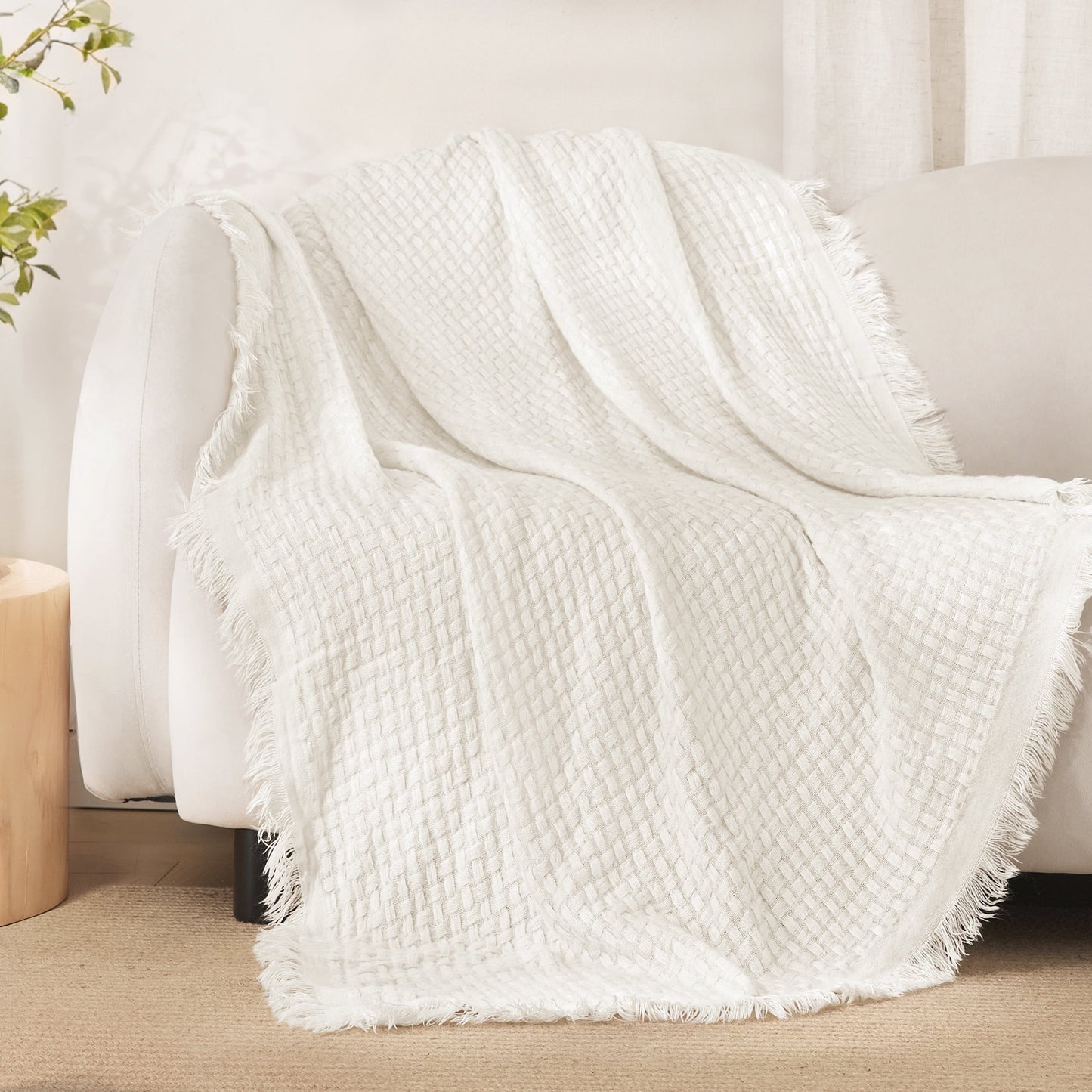 Exclusivo Mezcla Knitted Throw Blanket with Fringes for Couch, Soft and Warm Textured Throw for All Season, Lightweight Breathable Room Decor, Ivory, 50??x60??,Exclusivo Mezcla"