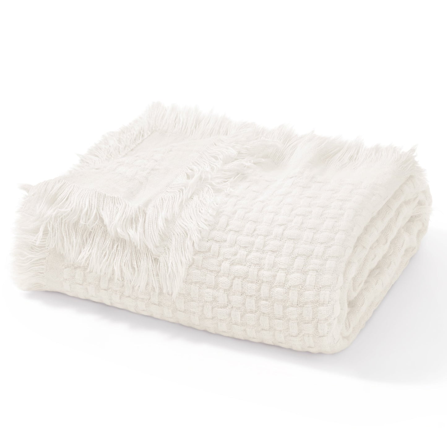 Exclusivo Mezcla Knitted Queen Size Blanket with Fringes for Bed, Soft and Warm Textured Blanket for All Season, Lightweight Breathable Living Room Bedding, Ivory, 90??x90??,Exclusivo Mezcla"