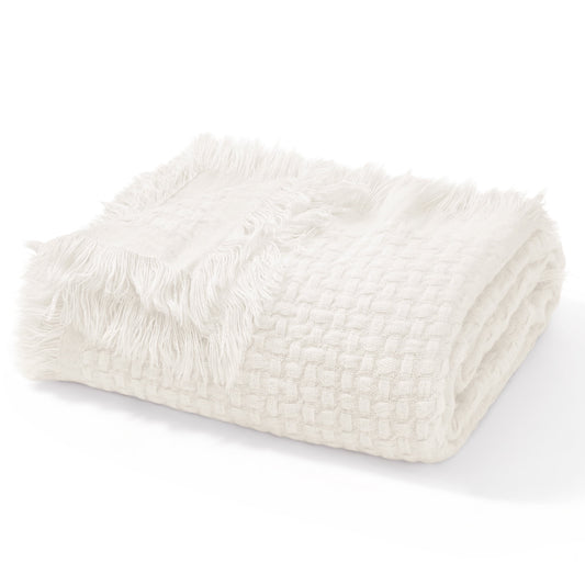 Exclusivo Mezcla Knitted Queen Size Blanket with Fringes for Bed, Soft and Warm Textured Blanket for All Season, Lightweight Breathable Living Room Bedding, Ivory, 90??x90??,Exclusivo Mezcla"