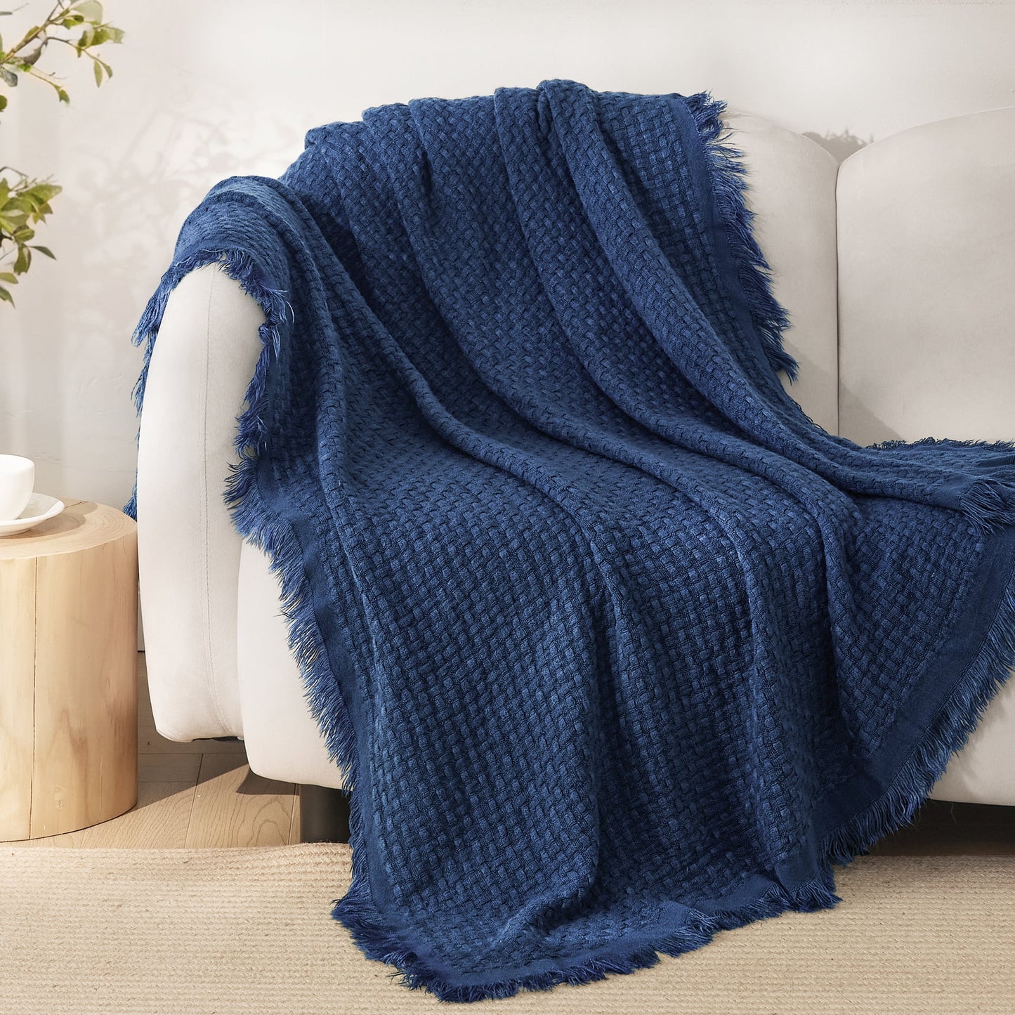 Exclusivo Mezcla Knitted Throw Blanket with Fringes for Couch, Soft and Warm Textured Throw for All Season, Lightweight Breathable Room Decor, Navy Blue, 50??x60??,Exclusivo Mezcla"