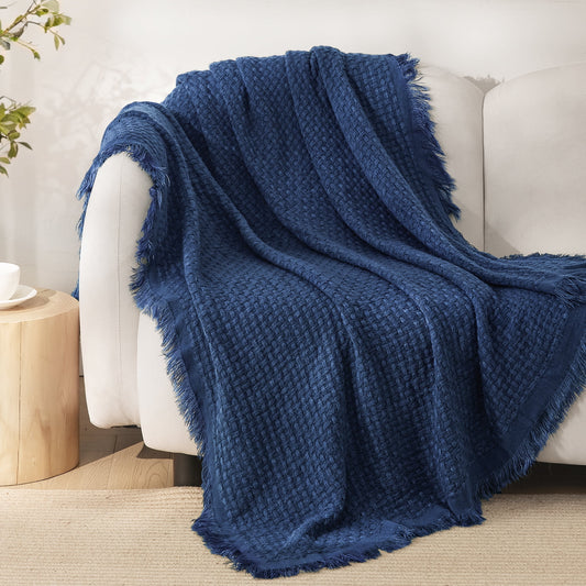 Exclusivo Mezcla Knitted Throw Blanket with Fringes for Couch, Soft and Warm Textured Throw for All Season, Lightweight Breathable Room Decor, Navy Blue, 50??x60??,Exclusivo Mezcla"