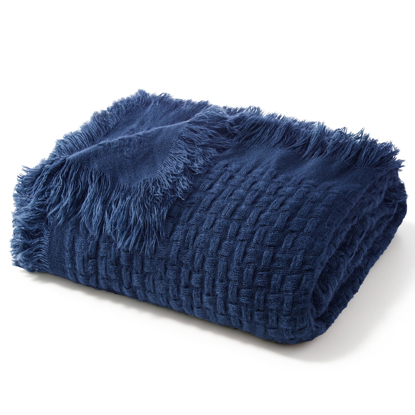 Exclusivo Mezcla Knitted Twin Size Blanket with Fringes for Bed, Soft and Warm Textured Blanket for All Season, Lightweight Breathable Living Room Bedding, Navy Blue, 60??x80??,Exclusivo Mezcla"