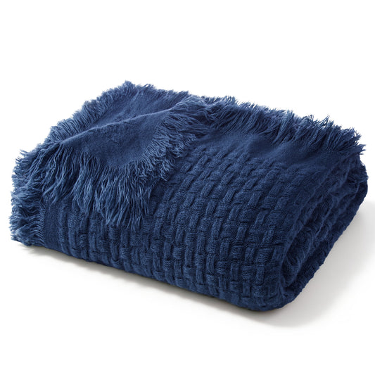 Exclusivo Mezcla Knitted Twin Size Blanket with Fringes for Bed, Soft and Warm Textured Blanket for All Season, Lightweight Breathable Living Room Bedding, Navy Blue, 60??x80??,Exclusivo Mezcla"