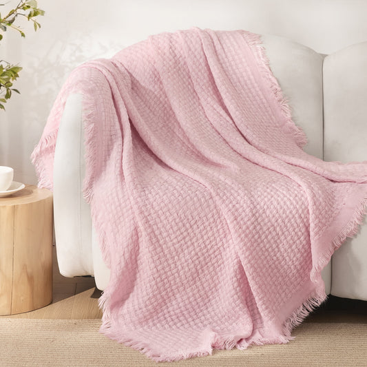 Exclusivo Mezcla Knitted Throw Blanket with Fringes for Couch, Soft and Warm Textured Throw for All Season, Lightweight Breathable Room Decor, Pink, 50??x60??,Exclusivo Mezcla"