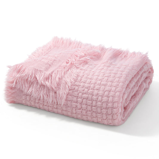 Exclusivo Mezcla Knitted Twin Size Blanket with Fringes for Bed, Soft and Warm Textured Blanket for All Season, Lightweight Breathable Living Room Bedding, Pink, 60??x80??,Exclusivo Mezcla"