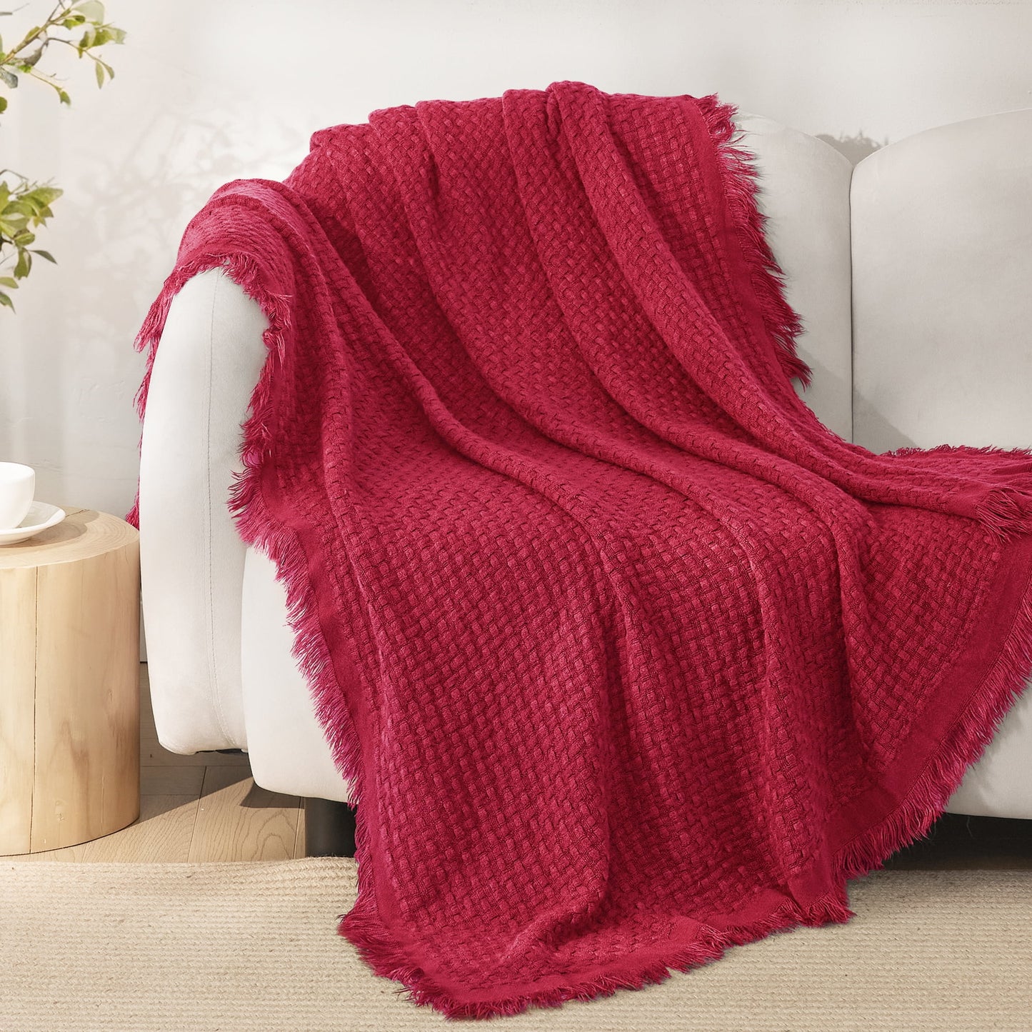 Exclusivo Mezcla Knitted Throw Blanket with Fringes for Couch, Soft and Warm Textured Throw for All Season, Lightweight Breathable Room Decor, Red, 50??x60??,Exclusivo Mezcla"