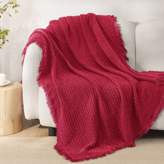 Exclusivo Mezcla Knitted Throw Blanket with Fringes for Couch, Soft and Warm Textured Throw for All Season, Lightweight Breathable Room Decor, Red, 50??x60??,Exclusivo Mezcla"