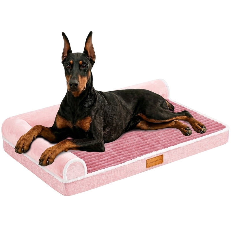 Exclusivo Mezcla Extra Large Orthopedic Dog Bed, Luxury Striped Jacquard Pet Bed Sofa, Waterproof and Washable, 56"～40", Pink