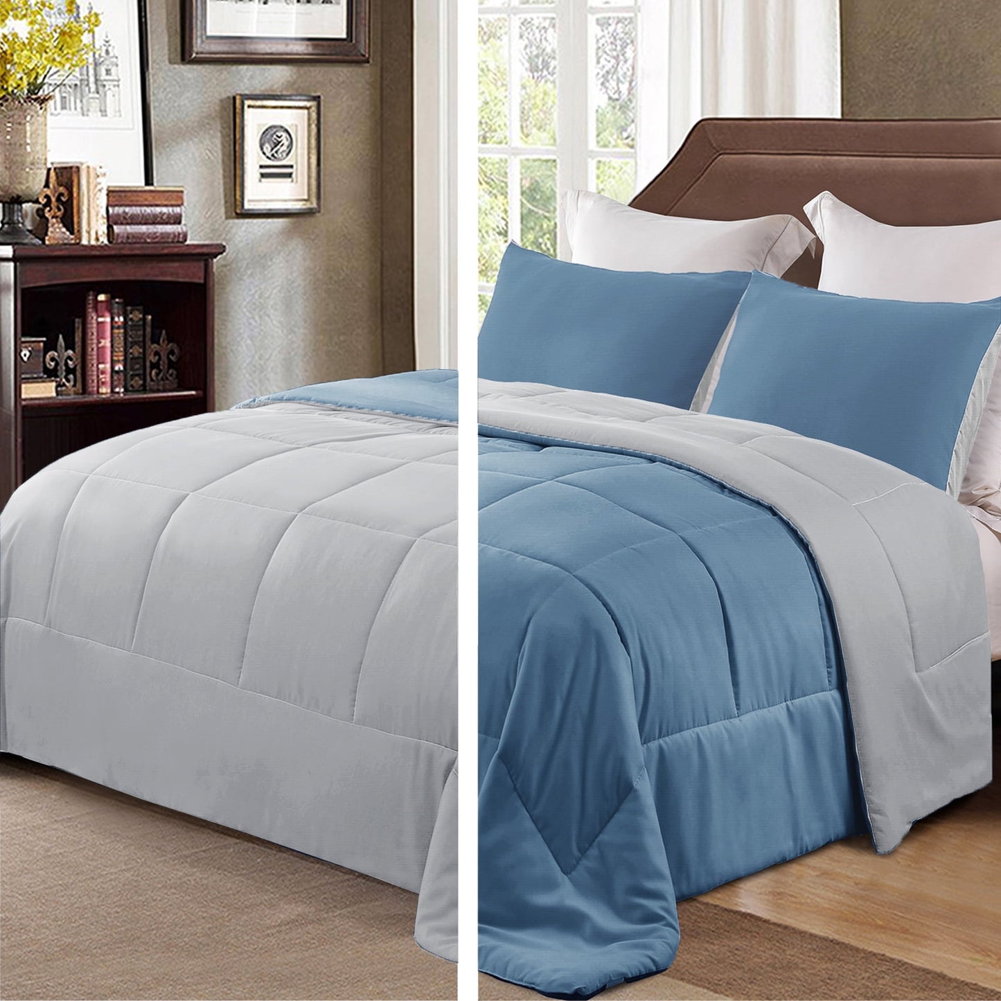Exclusivo Mezcla Lightweight Reversible 2-Piece Comforter Set All Seasons, Down Alternative Comforter with 1 Pillow Sham, Twin Size, Bluish Grey/Light Grey