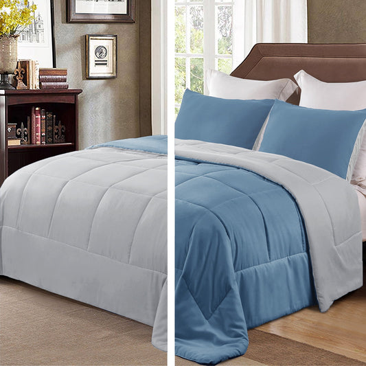 Exclusivo Mezcla Lightweight Reversible 2-Piece Comforter Set All Seasons, Down Alternative Comforter with 1 Pillow Sham, Twin Size, Bluish Grey/Light Grey
