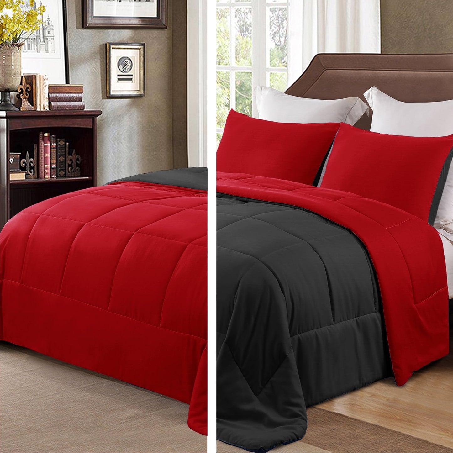 Exclusivo Mezcla Lightweight Reversible 3-Piece Comforter Set All Seasons, Down Alternative Comforter with 2 Pillow Shams, Queen Size, Red/Black