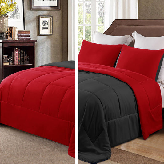 Exclusivo Mezcla Lightweight Reversible 3-Piece Comforter Set All Seasons, Down Alternative Comforter with 2 Pillow Shams, Queen Size, Red/Black