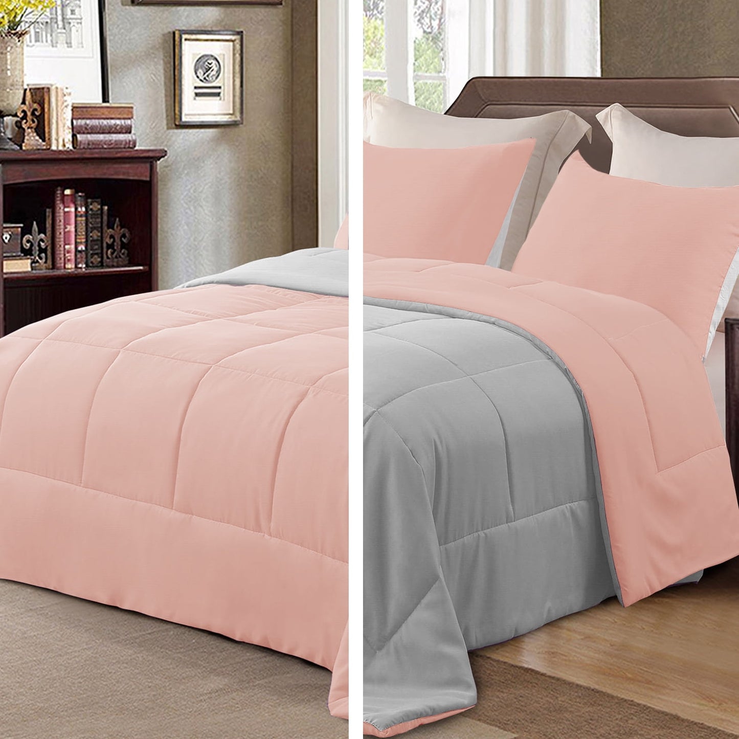 Exclusivo Mezcla Lightweight Reversible 3-Piece Comforter Set All Seasons, Down Alternative Comforter with 2 Pillow Shams, Queen Size, Blush pink/Light grey