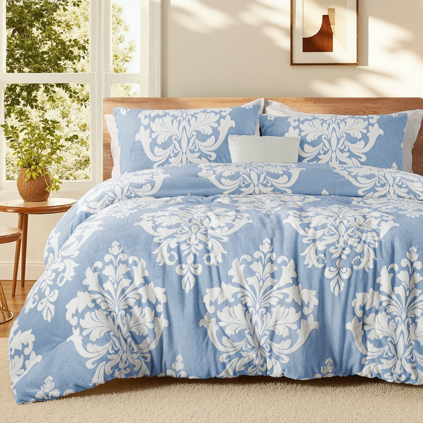 Exclusivo Mezcla Luxury Fuzzy King Size Comforter Set, 3 Pieces Boho Soft Warm Grayish Blue Comforters, Reversible Flannel Fluffy Bedding Comforter Sets for All Seasons