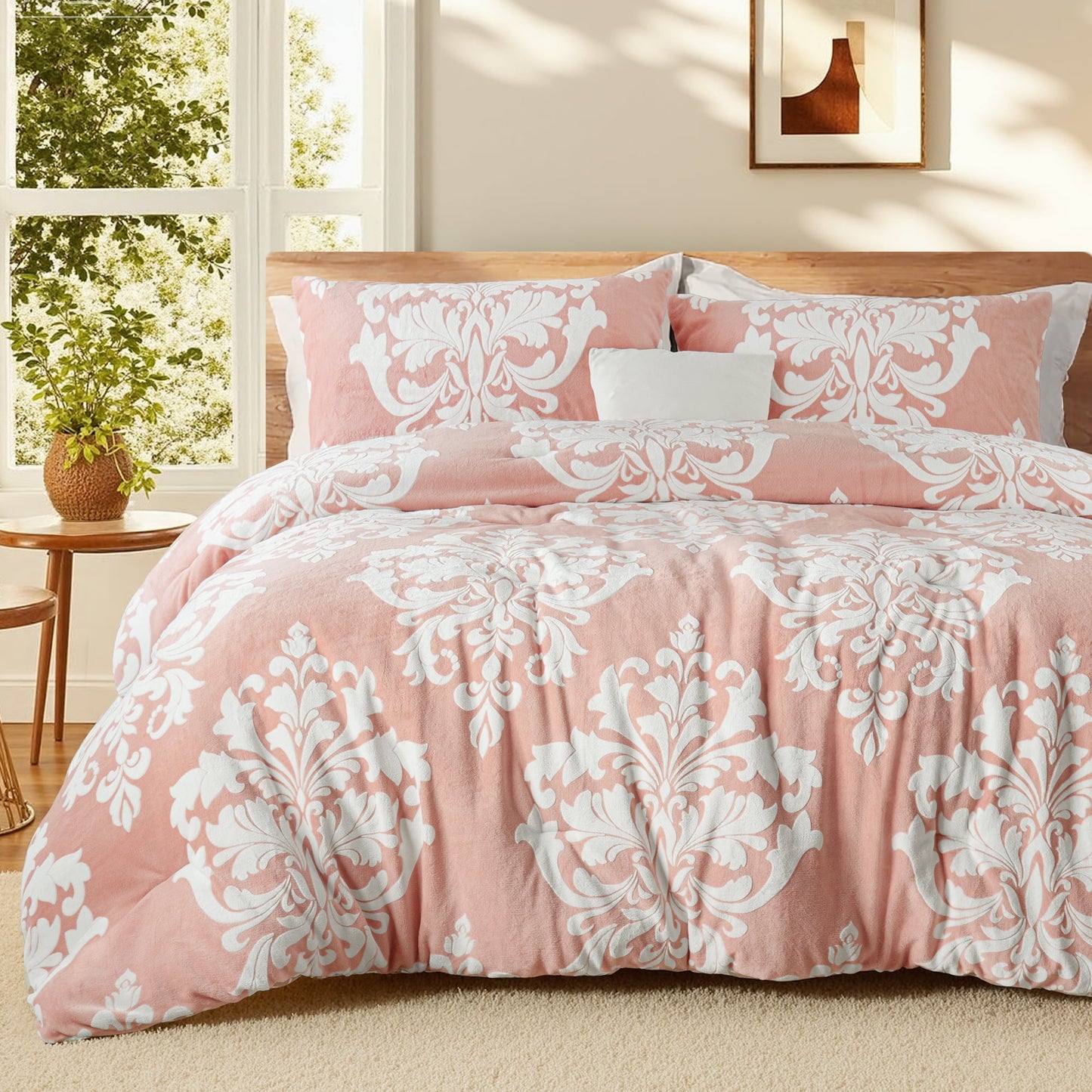 Exclusivo Mezcla Luxury Fuzzy King Size Comforter Set, 3 Pieces Boho Soft Warm Pink Comforters, Reversible Flannel Fluffy Bedding Comforter Sets for All Seasons