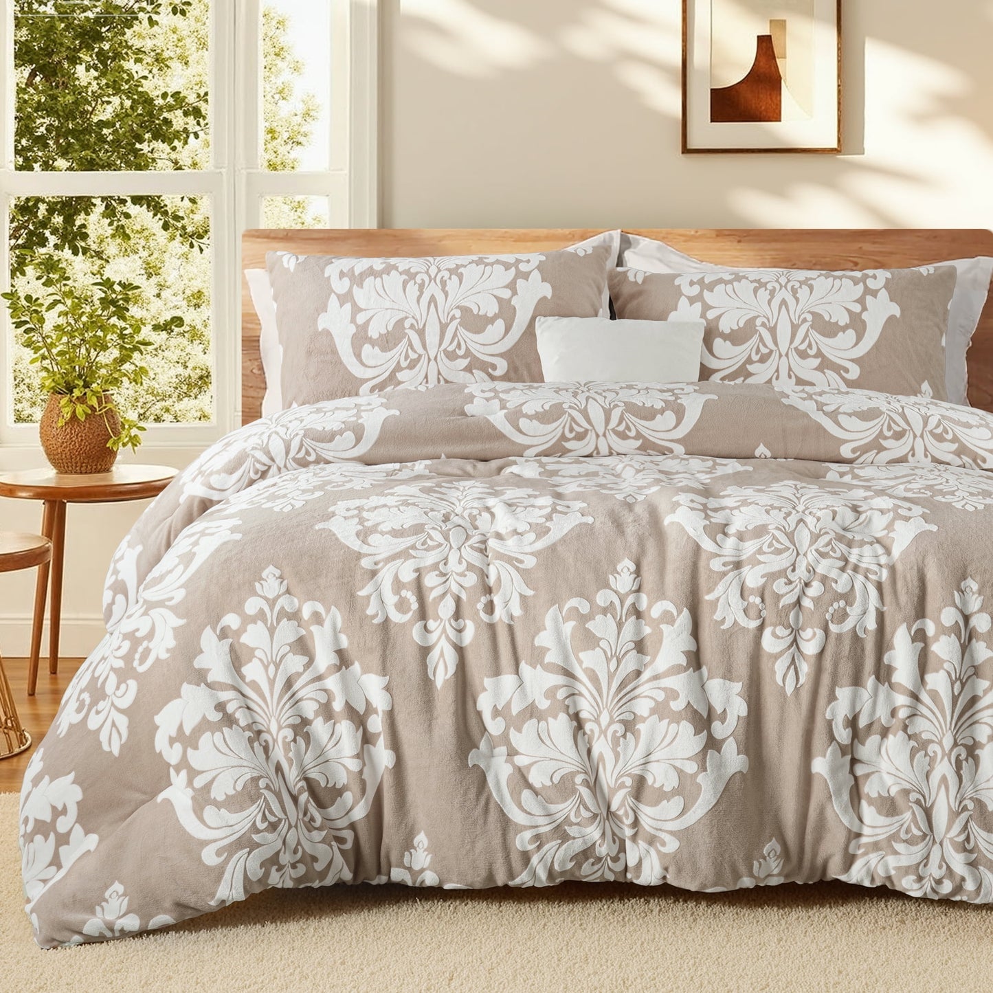 Exclusivo Mezcla Luxury Fuzzy Queen Comforter Set, 3 Pieces Boho Soft Warm Camel Comforters, Reversible Flannel Fluffy Bedding Comforter Sets for All Seasons