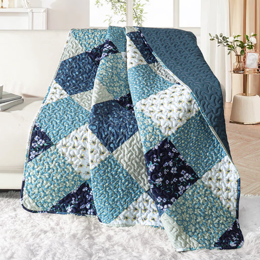 Exclusivo Mezcla Microfiber Boho Patchwork Pattern Quilted Throw Blanket for Bed/Couch/Sofa, Soft and Lightweight (50"x 60", Blue)