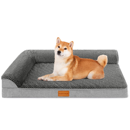 Exclusivo Mezcla Jacquard Orthopedic Pet Bed for Median Dogs, 30"X20" Waterproof L Shaped Dog Bed with Washable Cover, Grey