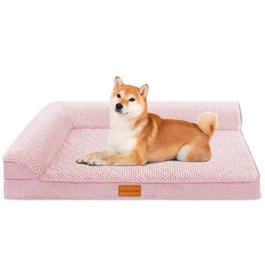 Exclusivo Mezcla Jacquard Orthopedic Pet Bed for Median Dogs, 30"X20" Waterproof L Shaped Dog Bed with Washable Cover, Pink