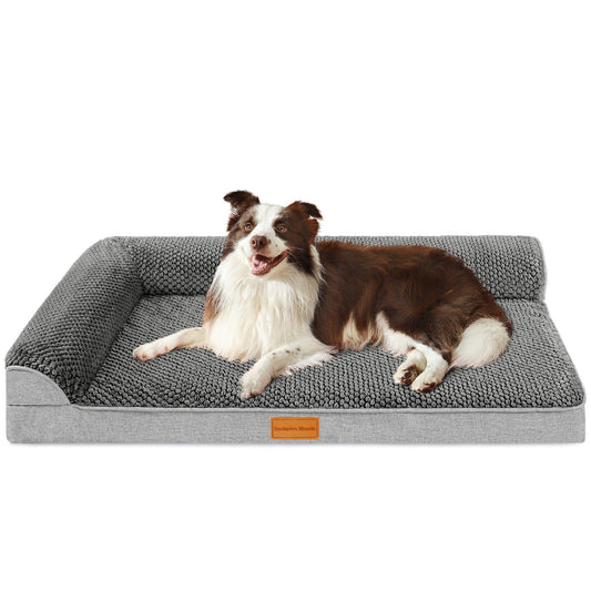 Exclusivo Mezcla Jacquard Orthopedic Pet Bed for Large Dogs, 42"X28" Waterproof L Shaped Dog Bed with Washable Cover, Grey