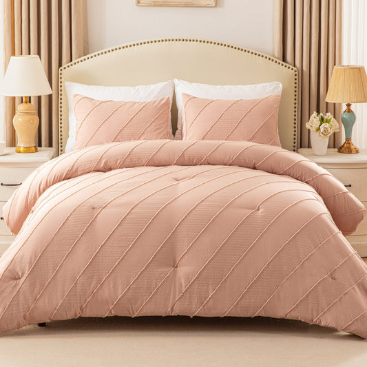 Exclusivo Mezcla 3 Pieces Queen Comforter Set Pink, Lightweight Jacquard Striped Queen Size Bedding Comforter Sets for All Seasons