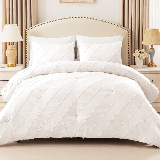 Exclusivo Mezcla 3 Pieces Queen Comforter Set White, Lightweight Jacquard Striped Queen Size Bedding Comforter Sets for All Seasons