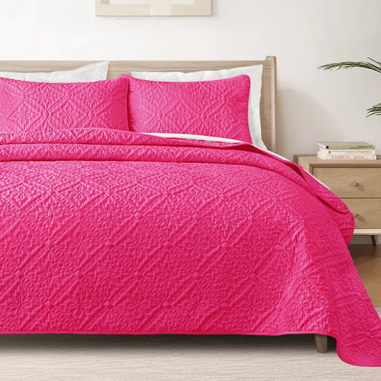 Exclusivo Mezcla Queen Quilt Bedding Set, Lightweight Soft Bedspreads Coverlets with 2 Pillow Shams, Modern Hot Pink Quilts Queen Full Size for All Seasons